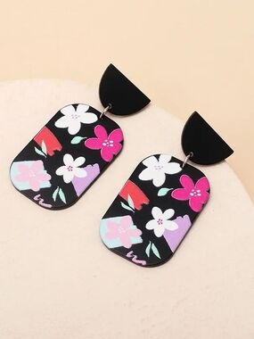 Cute Geometric Floral Drop Statement Earrings - Black with Pink & White Flowers